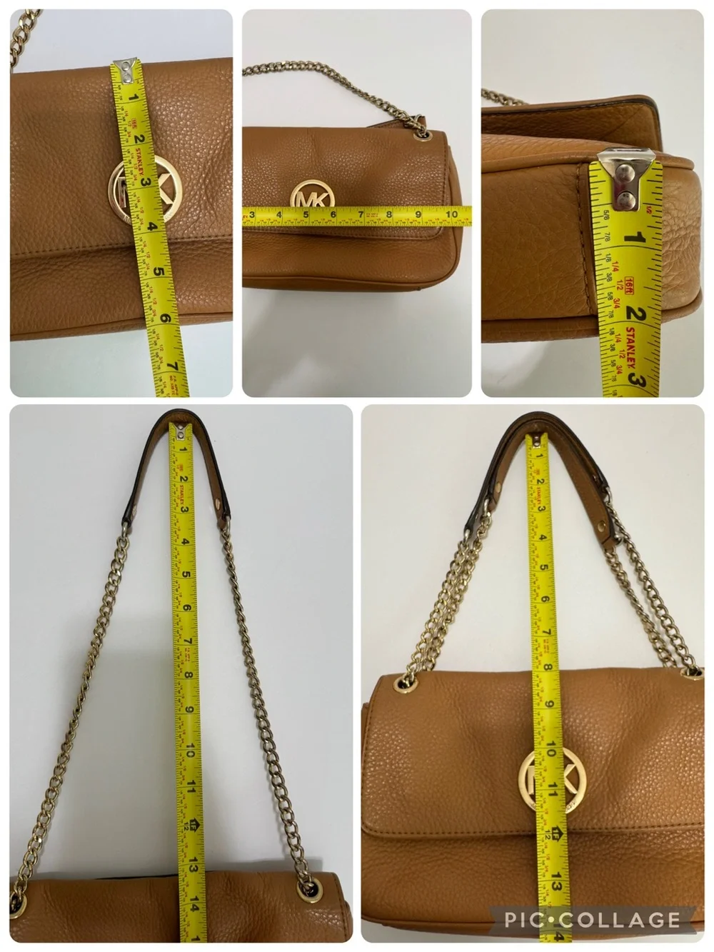Michael Kors Fulton 38S3XFTF1L Tan Pebbled Leather Small Flap Chain Shoulder Bag